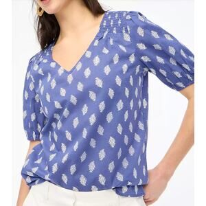 J. Crew Factory Cotton V Neck Puff Sleeve Top Blue White Leaf Print Womens Large